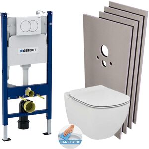 Geberit Pack WC Bati support + Cuvette Ideal Standard Tesi Aquablade + Plaque blanche + Set habillage (TesiGeb3-sabo)