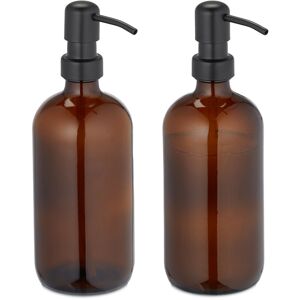 Distributeur de savon, lot de 2, porte-savon liquide, rechargeable, tête de pompe, 500 ml, verre, inox, marron - Relaxdays - Publicité