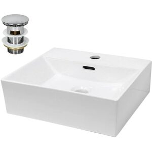 Vasque à Poser Lavabo Salle de Bain - Angulaire - 415 x 360 x 130 mm - en Céramique - Blanc - Lave-Mains Évier Suspendu Toilette - avec Kit de Vidange - avec Trop-Plein et Trou de Robinet - Ecd Germany - Publicité