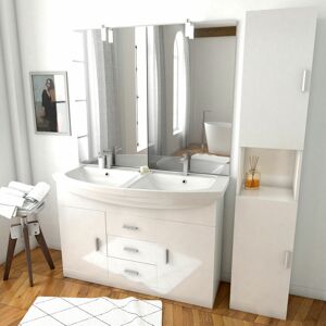 - Ensemble de salle de bain blanc 120cm - Double vasque céramique + miroir led + colonne 2 portes