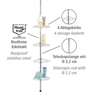 Wenko - Etagère de salle de bain télescopique Prea, 4 Paniers de douche, solution sans perçage, fixation par torsion et réglable en hauteur, Acier - Publicité