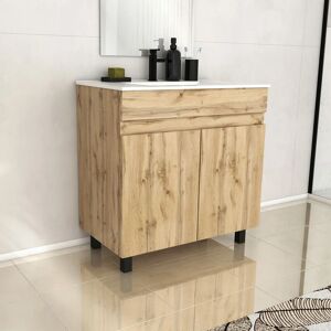 AURLANE Meuble de salle de bains 80cm 2 PortesChêne Naturel + Vasque céramique blanche - timber 80 - Publicité