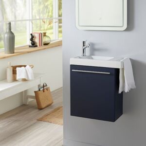 PLANETEBAIN Meuble Lave-mains Bleu nuit avec porte serviette en céramique et mitigeur eau chaude/eau froide à gauche - Publicité