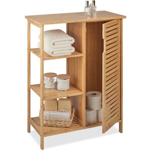 Meuble salle de bain bambou, 3 étagères & compartiment, HxLxP: 87,5 x 67 x 33 cm, rangement avec porte, nature - Relaxdays - Publicité