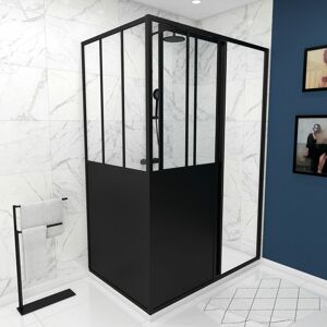 AURLANE Pack paroi de douche coulissante 140x200 cm + retour 90cm type atelier - profile noir mat - Publicité