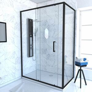 AURLANE Paroi de douche 1 porte coulissante + Retour 140x90x200 cm - Verre 6 mm - Profilé Noir - crush - Publicité