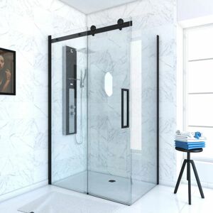 AURLANE Paroi porte de douche coulissante 140x200 cm noir mat - rail soft close + retour 90 cm - Publicité