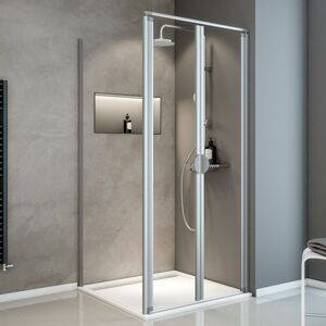 Schulte - Portes de douche battantes + paroi de retour fixe, verre 5 mm transparent, Sunny ExpressPlus profilé alu-nature, 80 x 80 x 185 cm - Publicité