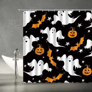 Heytea - Rideau de douche effrayant pour Halloween, chauves-souris fantmes, citrouilles, ¨toiles, mignon Halloween, noir, blanc, orange, tissu en - Publicité