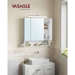 Vasagle - Meuble de Salle de Bain 3 Portes, Armoire Murale avec Miroir, Multiprise, Panier Suspendu, Support pour Sèche-Cheveux, pour Salle de Bain, Lavabo, Blanc Nuage - Publicité