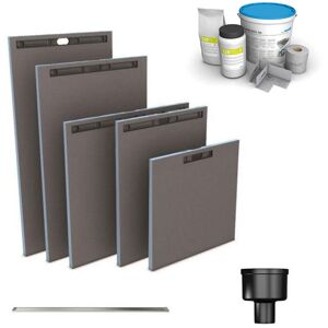 Receveur à carreler WEDI Fundo Riolito Neo + barrette de finition inox + bonde vertical + kit d'étanchéité 90 x 90 cm