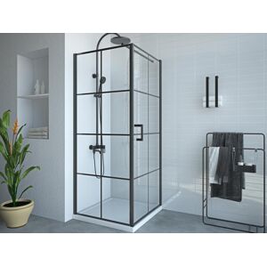 Vente-unique.com Paroi de douche fixe avec porte pivotante serigraphiee noir mat - 80 x 80 x 190 cm - CAPARICA