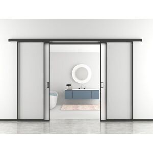 Vente-unique Porte coulissante double en applique verre trempé dépoli - 2 x H205cm x L83cm - LINCI