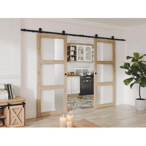 Vente unique Porte coulissante double en applique en bois et verre trempe depoli 3 fenetres 2 X H205 x L73 cm ACOSTA II