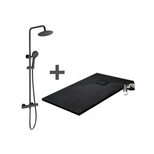 STANO Pack Receveur de douche 80 x 80 cm extra plat noir + Colonne de douche thermostatique noir mat