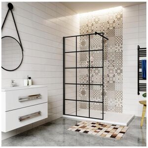 Paroi de douche fixe a l'italienne 80x200cm avec barre de fixation 90cm en carre - Noir - 8mm verre colore et anticalcaire