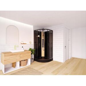 Shower & Design Cabine de douche hydromassante en quart de cercle avec panneau en bambou - Noir - L90 x l90 x H225 cm - TILOMA