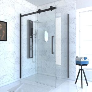 Aurlane PAROI PORTE DE DOUCHE COULISSANTE 140x200 cm noir mat - rail soft close + RETOUR 80 cm - Publicité