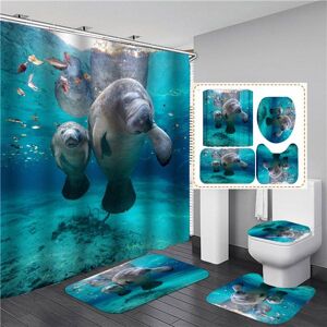 4pcs Ocean Dolphin Deep Sea Imperméable à l’eau Rideau de douche Salle de bain Toilette Siège Housse Mat Accueil Chambre Tapis Tapis Tapis - Publicité