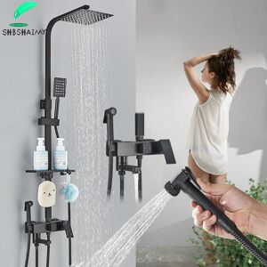 Robinet mitigeur de douche de salle de bains, robinets de douche à pluie noirs, ensemble de douche en laiton, grue Bidet Spray de douche avec robinets d étagère - Publicité