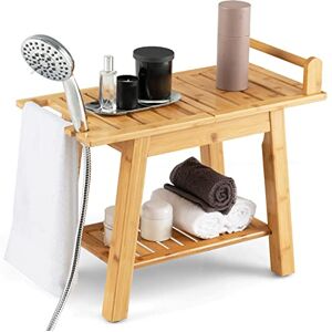 COSTWAY Tabouret Salle de Bain en Bambou à 2 Niveaux, Banc Salle de Bain avec Etagère de Rangement 2 Porte-Serviettes 1 Support de Douche, Revêtement Vernis Étanche Charge 150KG pour Enfant Adulte - Publicité