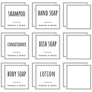 Segbeauty Étiquettes Autocollantes Shampooing Blanc, 12 Pièces Imperméables Pré-imprimés Étiquette et 6 Pièces Vierge pour Manuscrites(6x6 cm), Coller sur Bouteille de Distributeur de Savon, pour Bain - Publicité