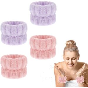 Abeillo Lot de 4 bracelets de lavage pour le visage, en microfibre, absorbants pour le lavage, le visage et la douche, rose et violet - Publicité