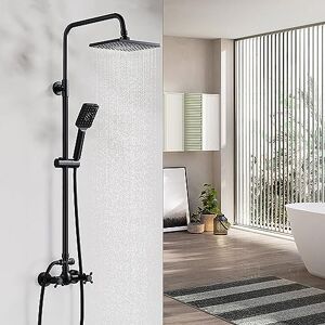 AIMOYO Colonne de Douche Noir avec Mitigeur, Ensemble de Douche Réglable en Hauteur, Système de Douche à Double Poignée, Set Douche Rétro avec Pommeau Carré 80-117 cm - Publicité