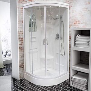 Schulte cabine de douche intégrale complète en kit 90 x 90 x 211 cm, profilé blanc, paroi arrondie avec miroir, siège de douche et tablettes de rangement D1917706 04 50 - Publicité