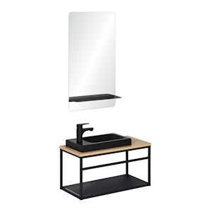 Meuble lave-mains WILO vasque noire + robinet noir + miroir