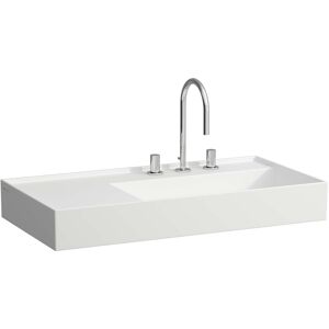 Lavabo LAUFEN Kartell 8103397578151, 90x46cm, blanc mat, etagere a gauche, 2 robinets, ceramique saphir