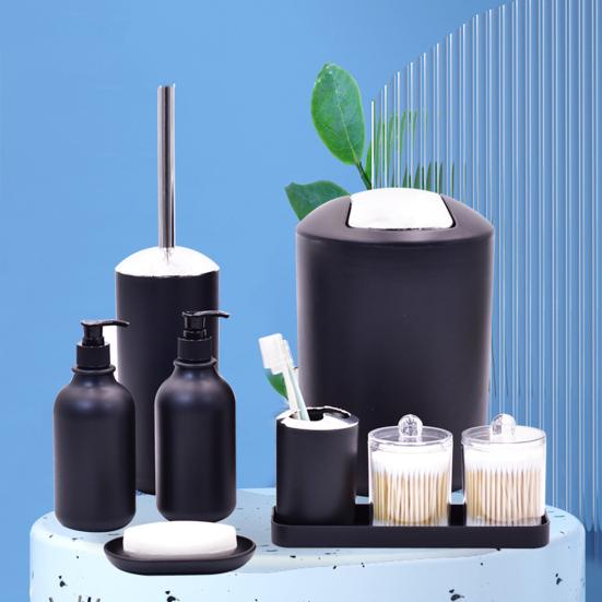 Bathroom accessories include toilet brushes, soap dishes, lotion bottles, toothbrush cups, and trash cans to make your life simple. Made of safe