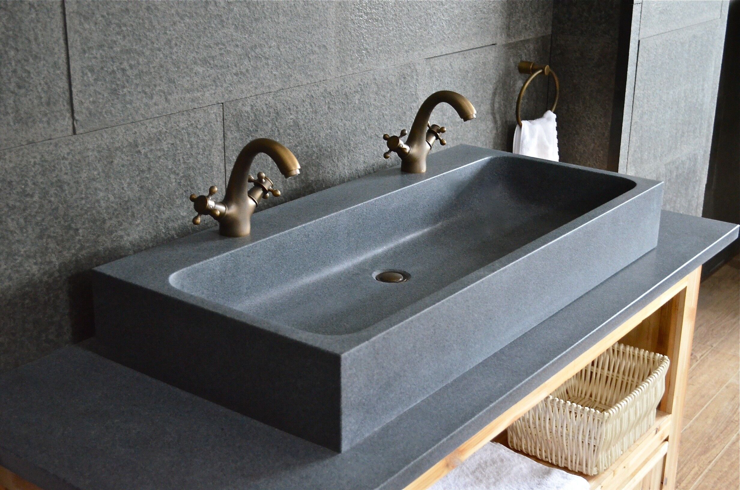 LivingRoc Double vasques en pierre vA©ritable granit gris 100x46 LOOAN