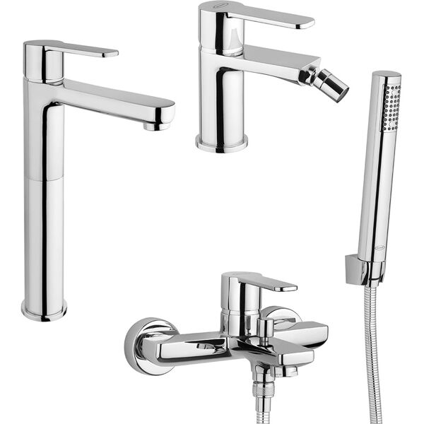 jacuzzi set miscelatori lavabo alto + bidet + gruppo vasca    rubinetteria eolo ottone cromato per piletta clic clac