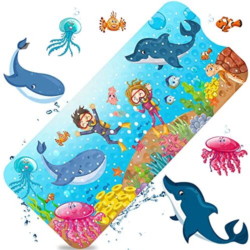 MOOING Badmat voor kinderen, 100 x 40 cm, antislipmat, badkuip, extra lange badmat, antislip, voor kinderen en baby's, douchemat schimmelbestendig