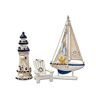 Flanacom Badkamerdecoratie, set van 3, maritieme badkamerdecoratie, vuurtoren, zeilschip en strandstoel van hout, badkameraccessoires, mooie decoratie voor de badkamer, design 1