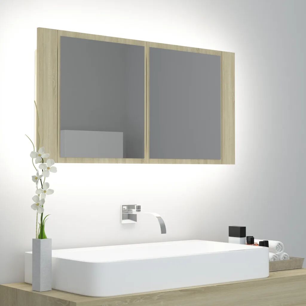vidaXL Armário espelhado casa de banho LED 90x12x45 cm carvalho sonoma
