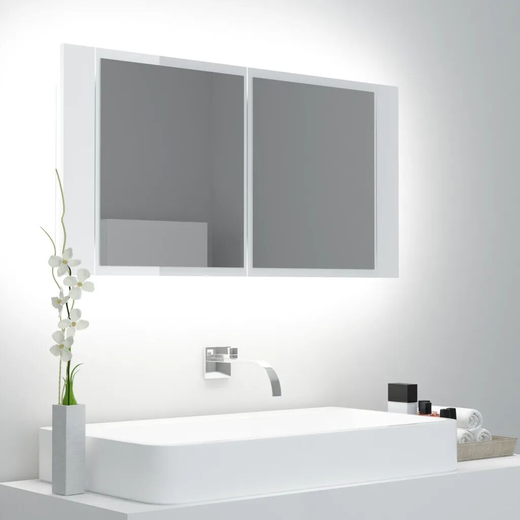 vidaXL Armário espelhado casa banho LED 90x12x45 cm branco brilhante