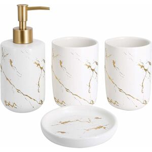 Set of 4 Ceramic Bathroom Accessories with Soap Dispenser, Tumblers, Soap Dish (White) Denuotop