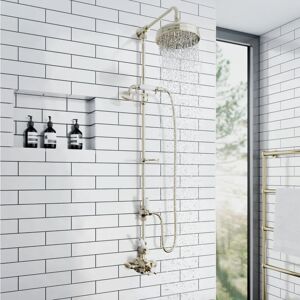 Enki - Downton, SH0145, Shower Set with 2 Shower Head outlets, Telephone Style Cradle and soap Dish, White & Gold Shower Tap Attachment for Bathroom