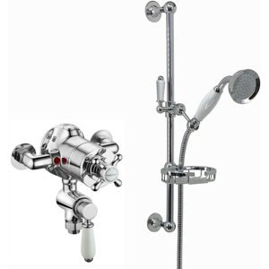 Downton, SH0539, Exposed Traditional Thermostatic Shower Set Incl. Twin Shower Valve and Slider Rail Kit, Soap Holder - Chrome and White - Enki