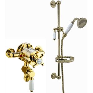 Downton, SH0556, Exposed Traditional Thermostatic Shower Set Incl. Twin Shower Valve and Slider Rail Kit, Soap Holder - English Gold and White - Enki