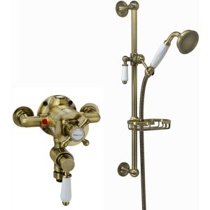 Downton, SH0556, Exposed Traditional Thermostatic Shower Set Incl. Twin Shower Valve and Slider Rail Kit, Soap Holder - English Gold and White - Enki