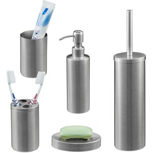 5-piece bathroom accessory set, brushed stainless steel, complete toilet set, modern design, silver - Relaxdays