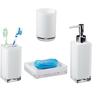 Relaxdays Bath Accessories 4-Piece Set, Toothbrush Holder, Tumbler, Soap Dispenser and Dish, White