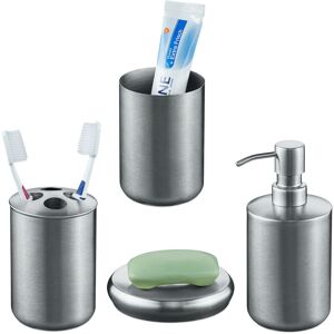 Bathroom Accessory Set, 4-Piece, Soap Dispenser, Dish, Toothbrush Holder, Cup, Stainless Steel, Silver - Relaxdays
