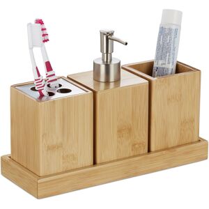 Bathroom Accessories Set, 4-piece, Bamboo & Steel, Soap Dispenser, Toothbrush Holder, Tumbler, Tray, Natural - Relaxdays