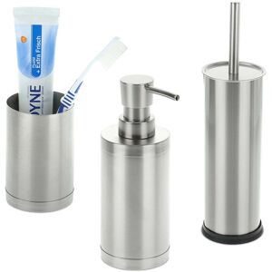 Bathroom Accessories Set, 3-Piece, Soap Dispenser, Toothbrush Holder, Toilet Brush, Stainless Steel, Silver - Relaxdays