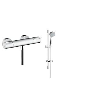 Hansgrohe Ecostat 1001 CL Thermostatic Shower Mixer, Chrome & Croma 100 Shower Set Vario with Shower Rail 65 cm and soap Dish