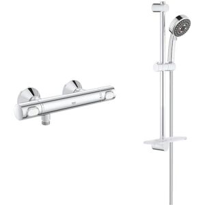 Grohe Precision Flow - Wall Mounted Thermostatic Shower Mixer & Vitalio Comfort 100 - Shower Bar Rail Set with Soap Tray (3 Spray Options Hand Shower 10cm